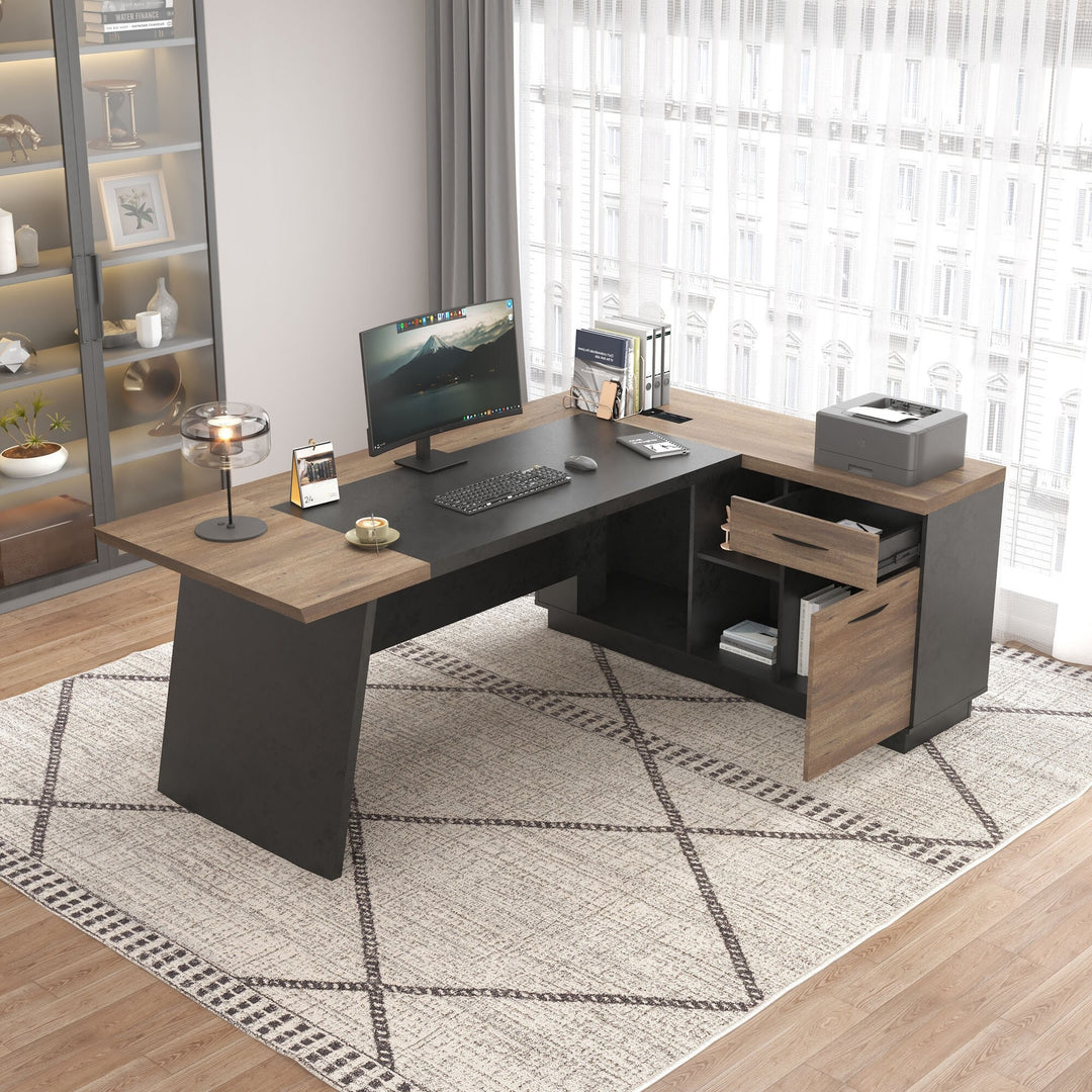78.74 Inches L-Shape Executive Desk, Industrial Wood Desk with Cabinet Drawer Storage Shelves