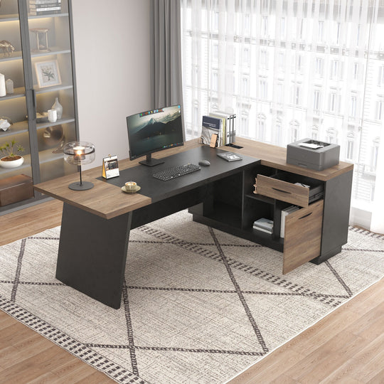78.74 Inches L-Shape Executive Desk, Industrial Wood Desk with Cabinet Drawer Storage Shelves