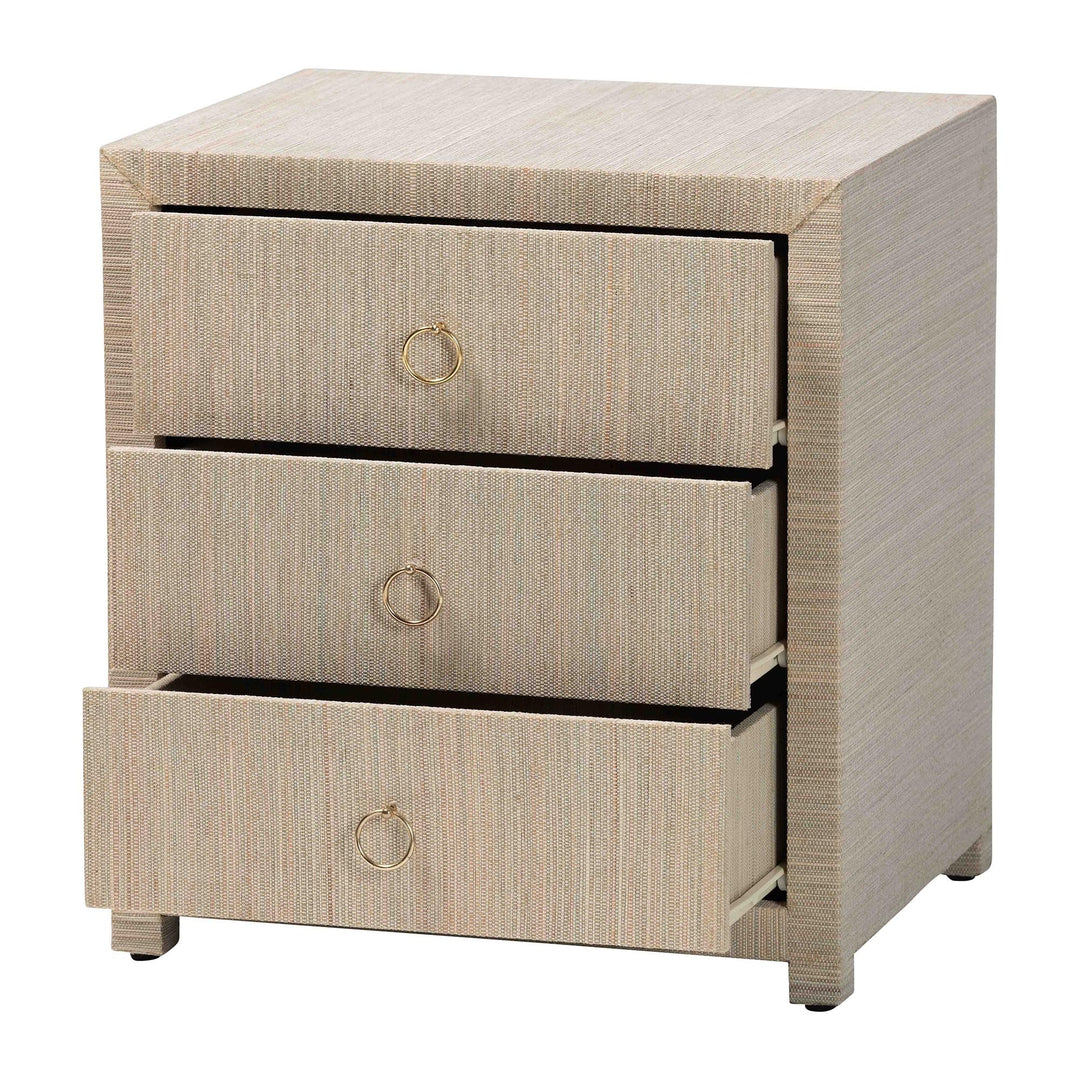 Quinn Bohemian Woven Natural Grasscloth 3-Drawer Nightstand