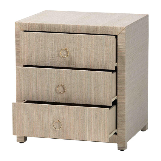 Quinn Bohemian Woven Natural Grasscloth 3-Drawer Nightstand