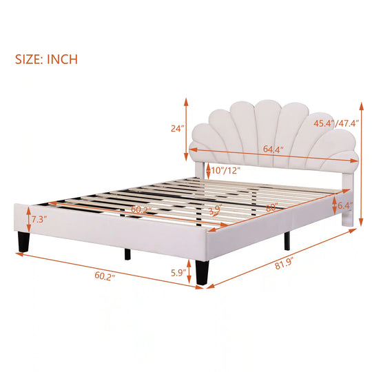 Upholstered Platform Bed with Flower Pattern Velvet Headboard