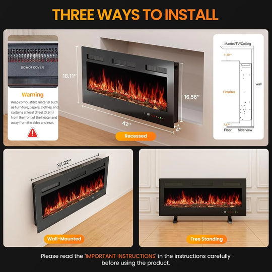 3-In-1 Electric Fireplace: 1500W Wall Mount, Recessed or Freestanding Heater with Remote & Touch Control