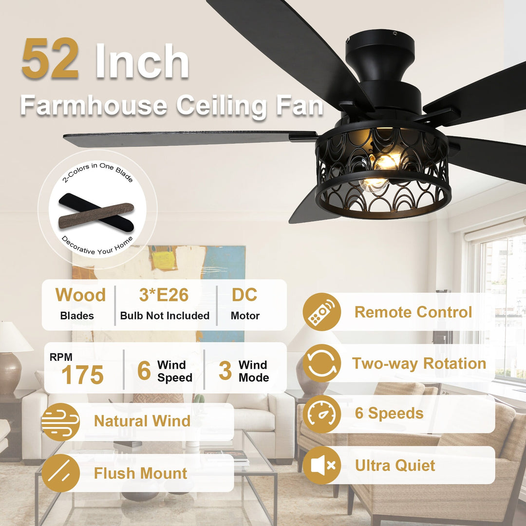 52-In Farmhouse Flush Mount Ceiling Fan with Lights and Remote Control, Black Caged Low Profile Chandelier Ceiling Fan