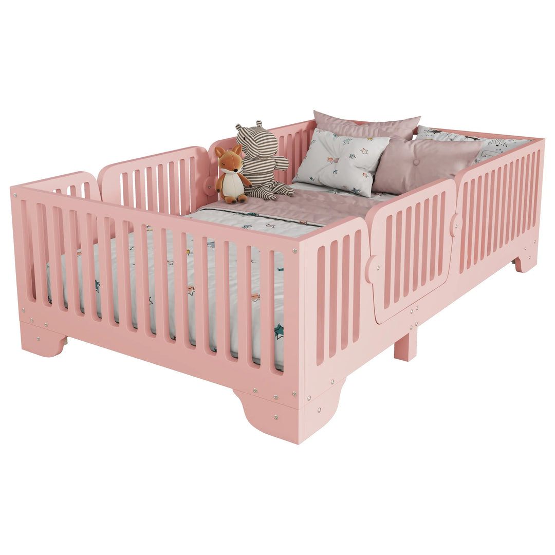 Full Size Montessori Floor Bed Frame with Safety Rails and Removable Door, Low Profile Kids Bed with Slatted Support