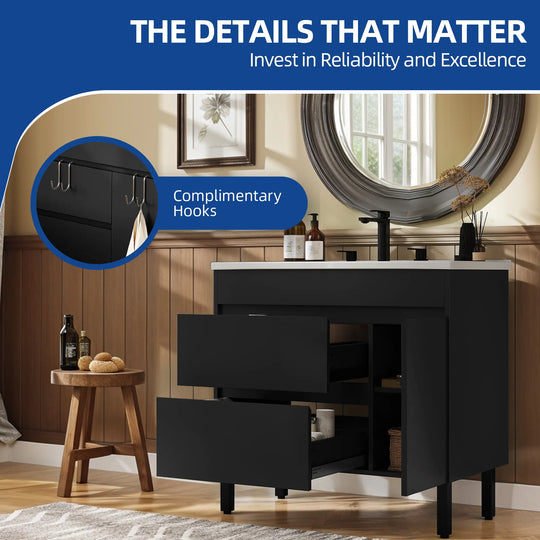 37" Freestanding Single Bathroom Vanity with 1 Soft Closing Cabinet & 2 Drawers