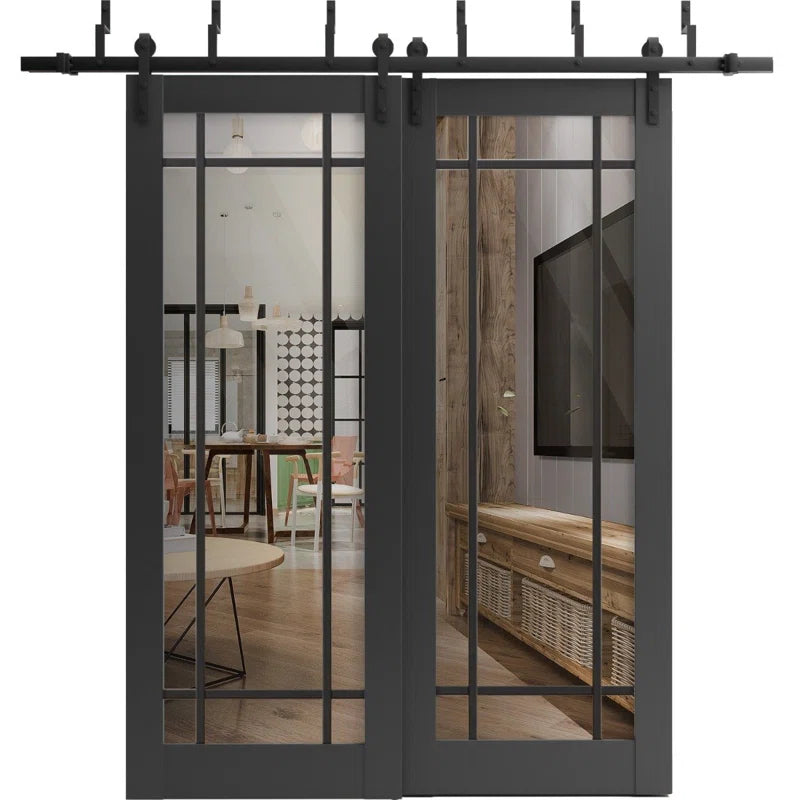 Sliding Closet Clear Glass Barn Bypass Doors | Lucia 2266 | Sturdy 6.6Ft Rails Hardware Set | Wood Solid Bedroom Wardrobe Doors -Clear Glass
