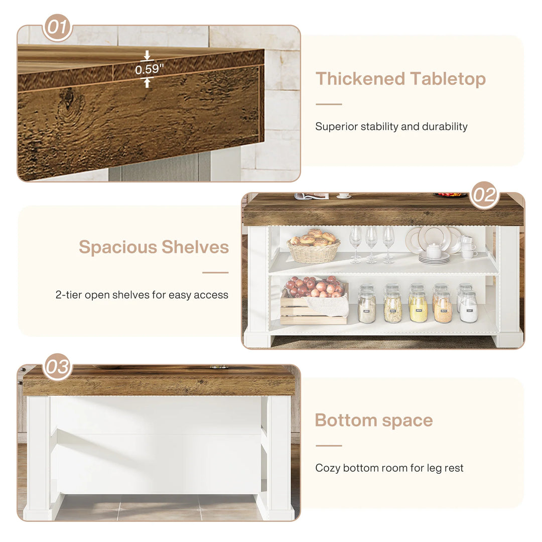 55-Inch Stationary Kitchen Island with Storage Shelves and Large Worktop, Farmhouse Style, Light Brown