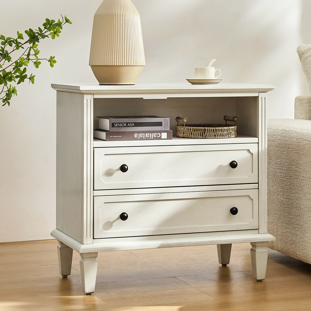Kamilo Transitional 28''W 2-Drawers End Table with Built-In Charging Station and Solid Wood Legs by