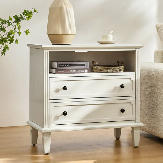 Kamilo Transitional 28''W 2-Drawers End Table with Built-In Charging Station and Solid Wood Legs by