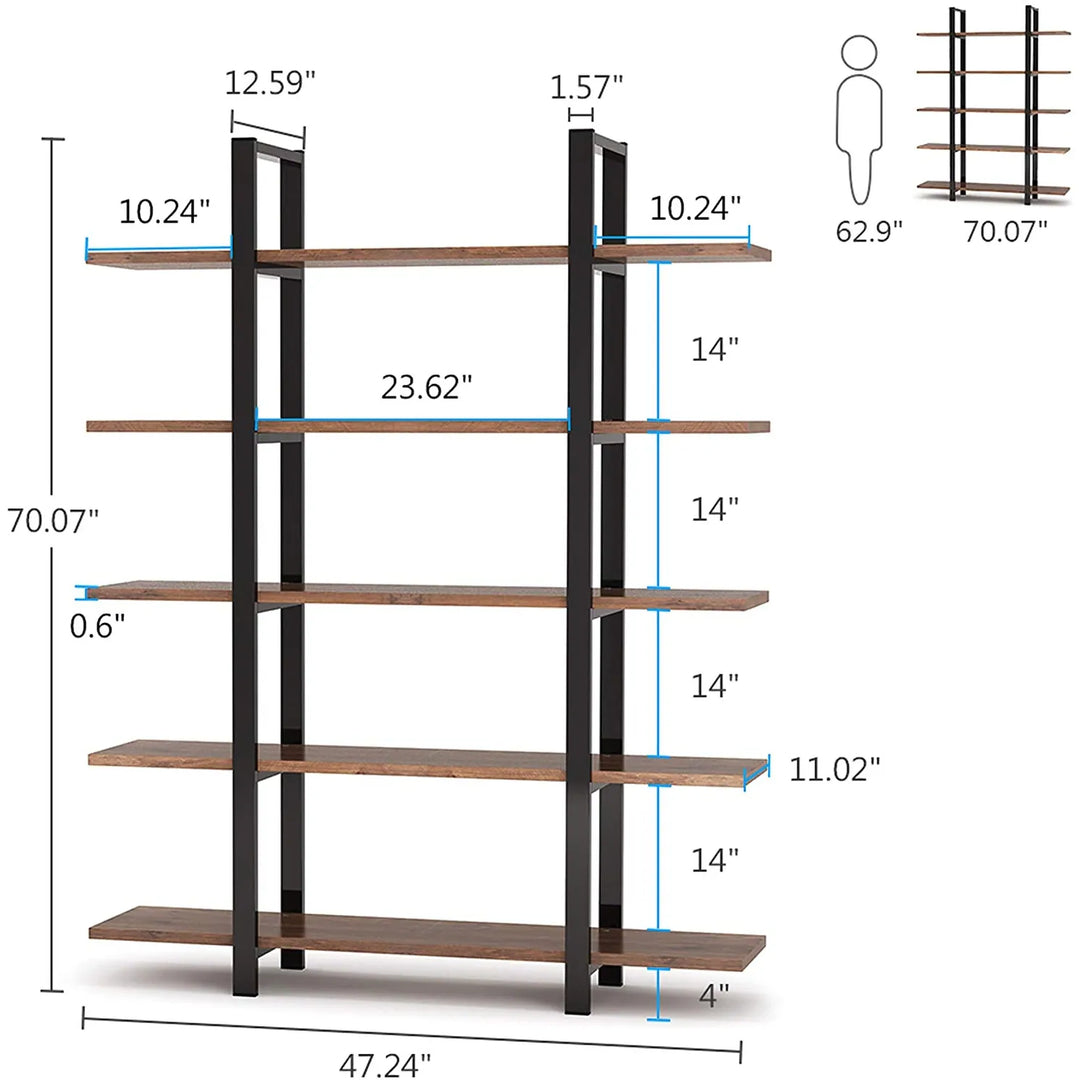 5-Tier Bookshelf, Vintage Industrial Style Bookcase