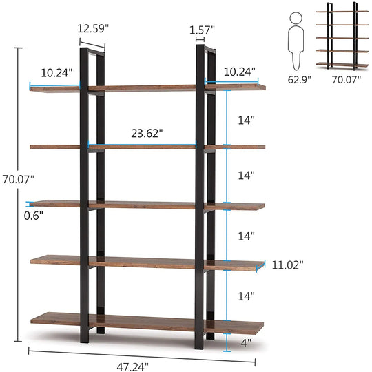 5-Tier Bookshelf, Vintage Industrial Style Bookcase