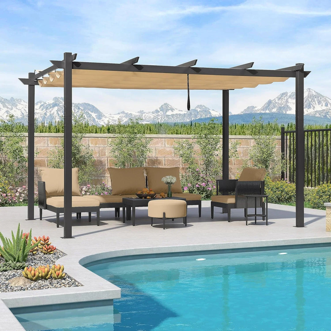 Gazebo Outdoor Retractable White Heavy-Duty Aluminum Pergola with Extra Top Roof