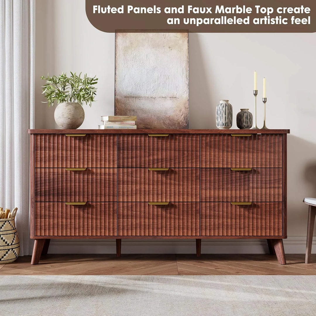 Fluted 9-Drawer Dresser, 60.6" Wide Modern Wooden Chest with Curved Design, Dresser TV Stand for Living Room, Walnut