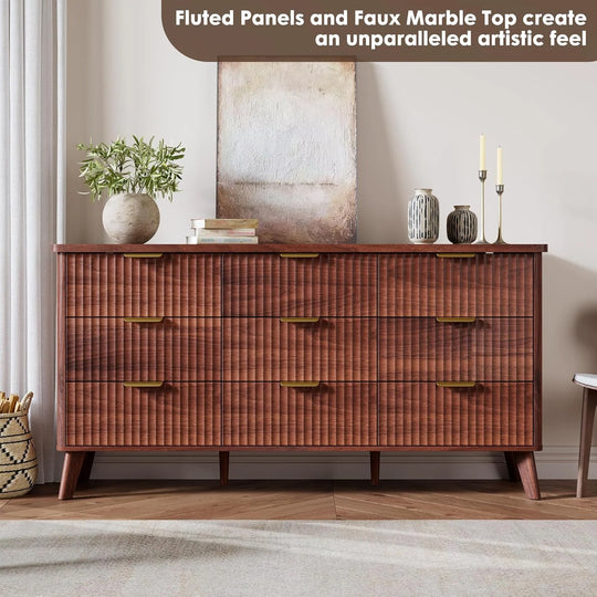 Fluted 9-Drawer Dresser, 60.6" Wide Modern Wooden Chest with Curved Design, Dresser TV Stand for Living Room, Walnut