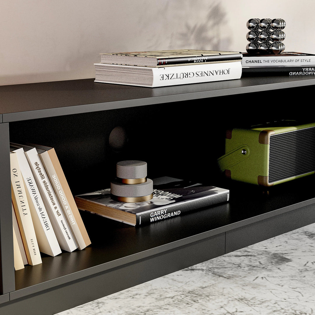 Modern Black Fireplace TV Stand Combo,Remote Fireplace Heater,2 Drawers,Light Strip & USB