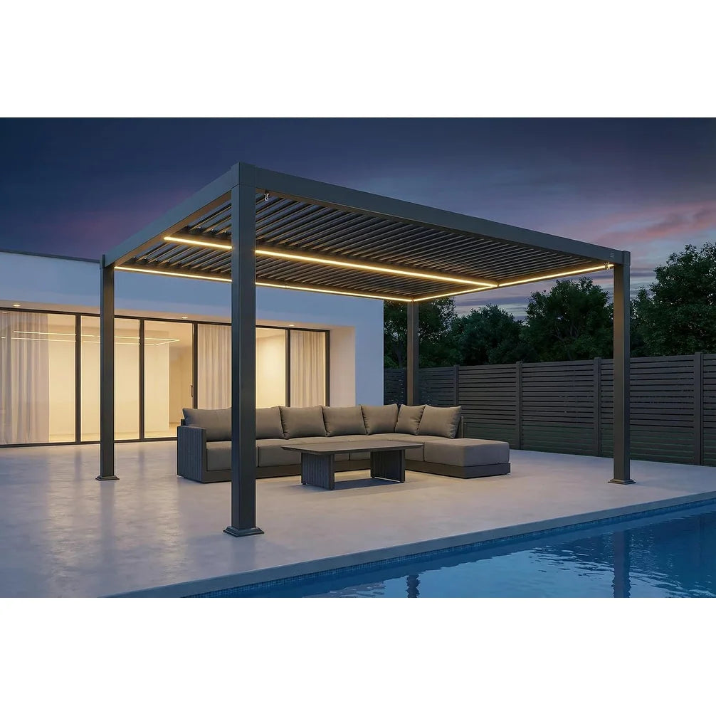 Solar Louvered Pergola with LED String Lights Aluminum Outdoor Pergola with Adjustable Roof for Patio Garden