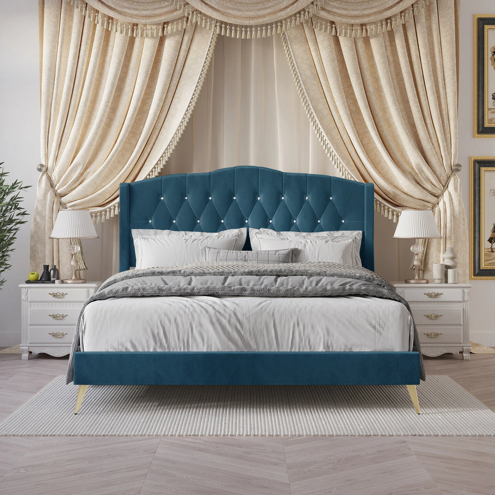 Velvet Diamond Button Tufted Upholstered Platform Bed