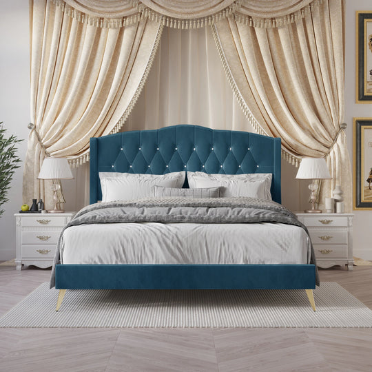 Velvet Diamond Button Tufted Upholstered Platform Bed