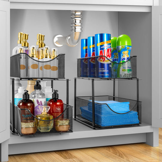 2 Tier under Sink Bathroom Organizers and Storage (2 Pack) - 14" L X 9.3" W X 12.25" H