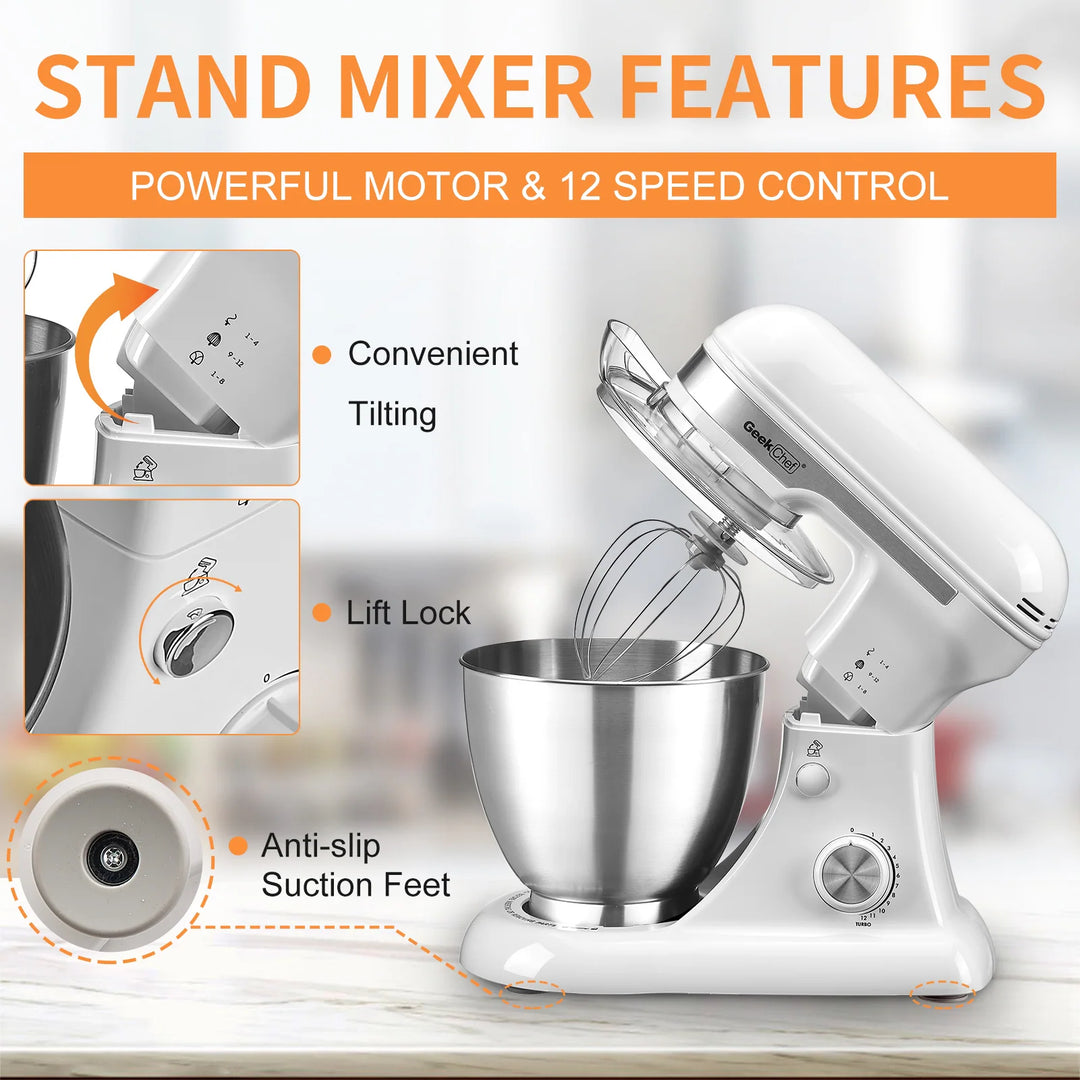 4.8QT 12-Speed Tilt-Head Electric Stand Mixer - Rotary Knob, Dough Hook/Whisk/Beater/Bowl
