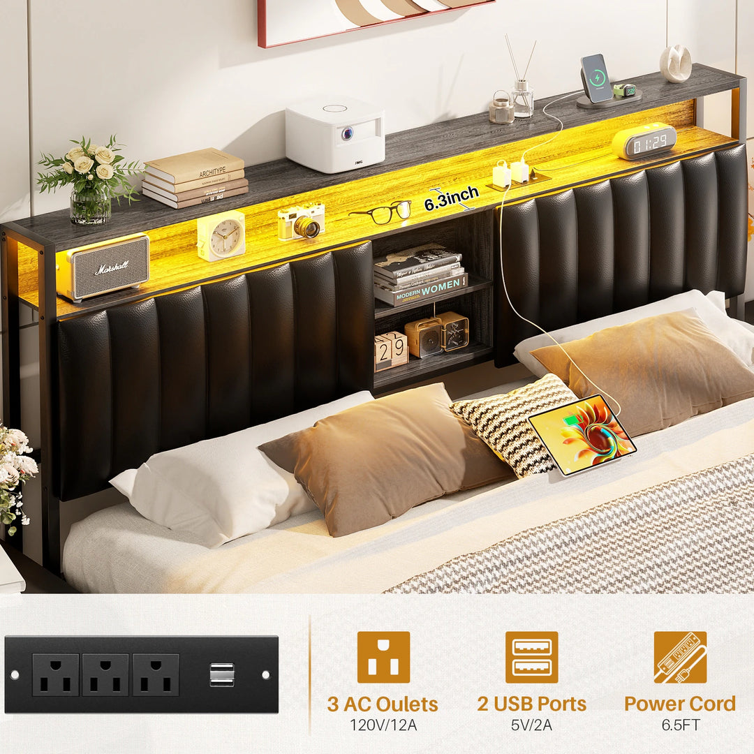 Upholstered Bed Frame with Storage Shelving, Platform Beds with Charge Station and LED Lights