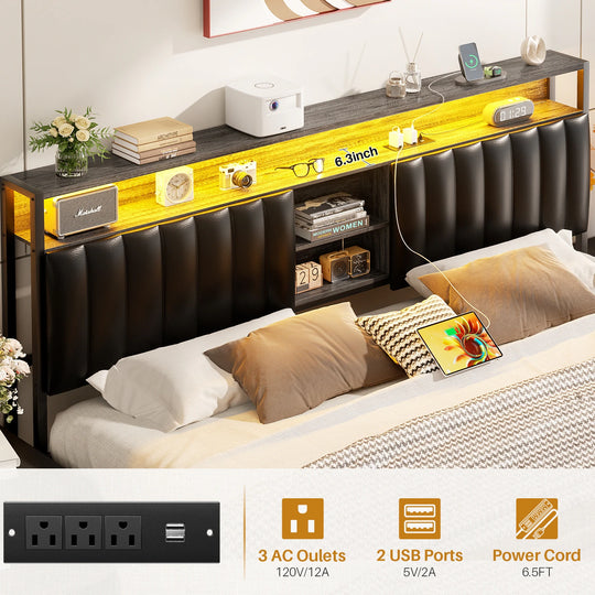 Upholstered Bed Frame with Storage Shelving, Platform Beds with Charge Station and LED Lights