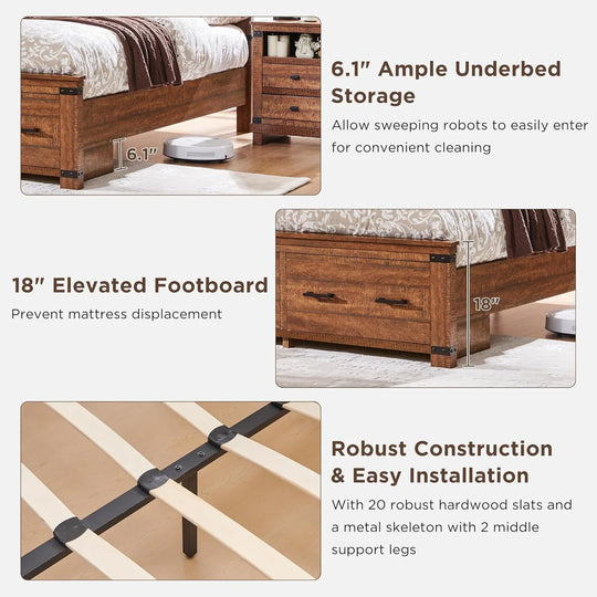 Farmhouse Wood Bed Frame with 54" Tall Headboard, 2 Large Drawers