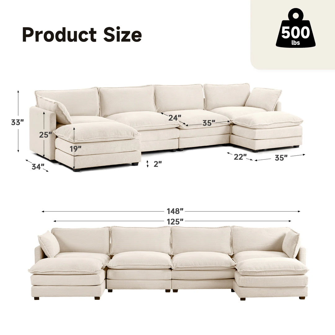 Corduroy Sectional Sofa with Removable Ottomans & Ultra-Soft Cushions for Living Room & Bedroom