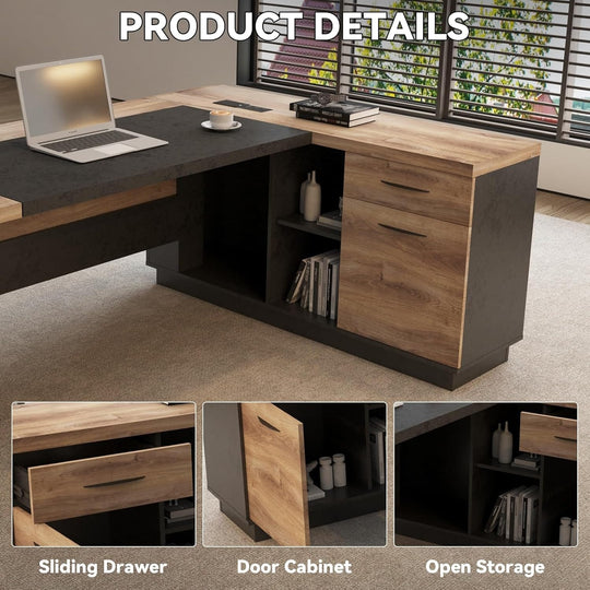 78.74 Inches L-Shape Executive Desk, Industrial Wood Desk with Cabinet Drawer Storage Shelves
