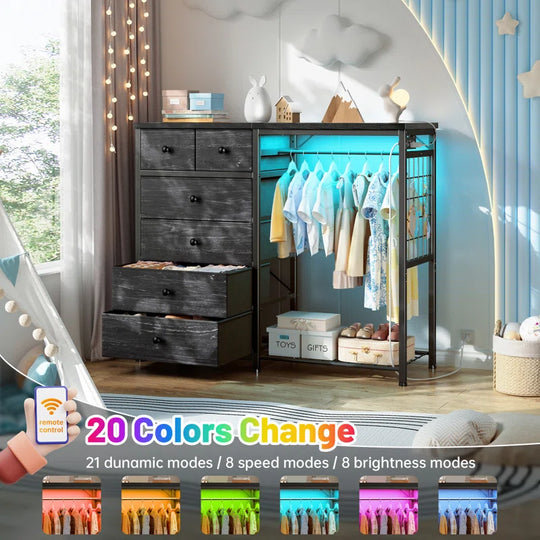 Dresser for Bedroom with Clothes Rack, 6 Drawer Dresser with Shoe Rack, Charging Station & Led Lights