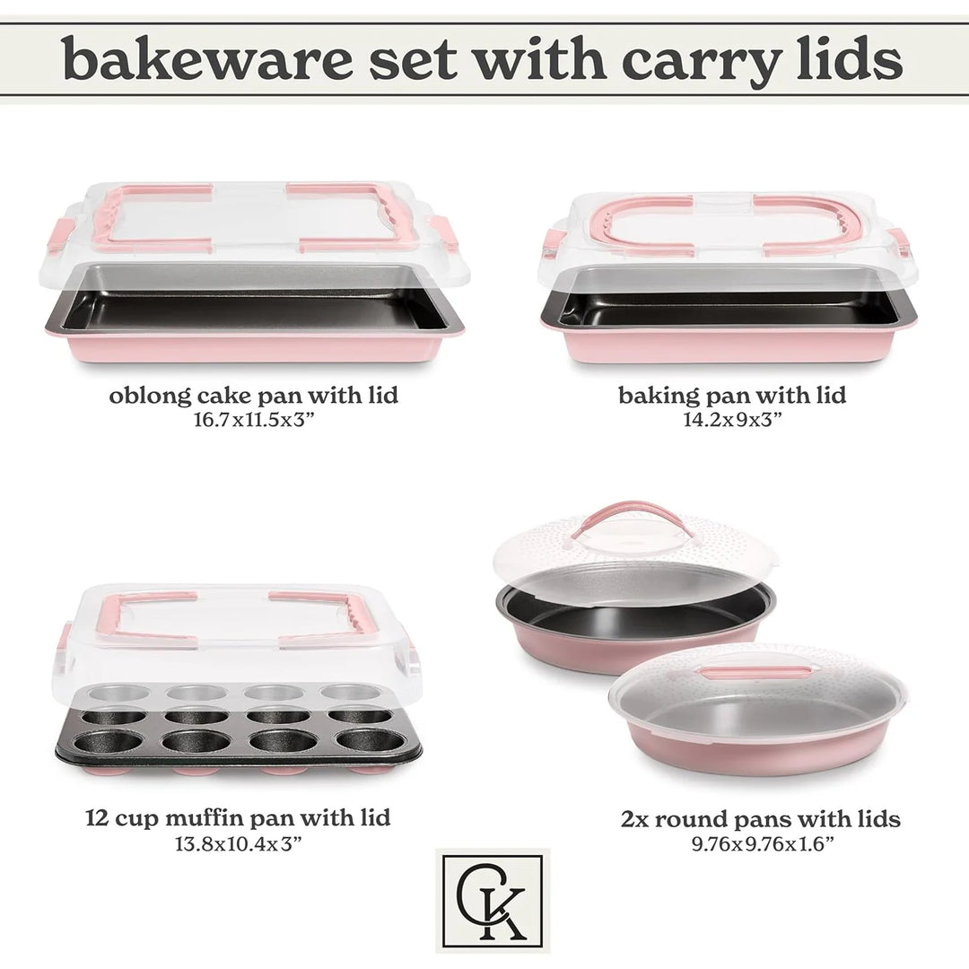Baking Pans Set 10 Piece Non-Stick Cake Pans with Carry Lids for Storage & Travel, Perfect for Parties Stackable