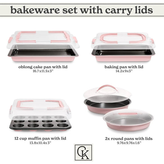 Baking Pans Set 10 Piece Non-Stick Cake Pans with Carry Lids for Storage & Travel, Perfect for Parties Stackable