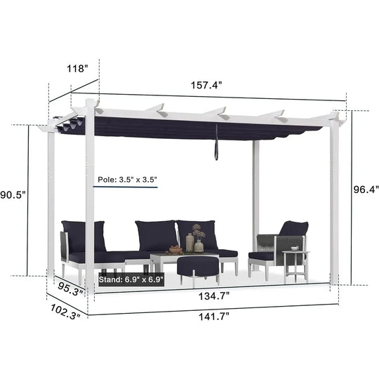 Gazebo Outdoor Retractable White Heavy-Duty Aluminum Pergola with Extra Top Roof