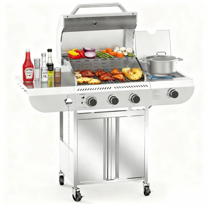 3+1 Burners 34000 Btu Lp Gas Grill with Side Burner for Outdoor Garden Patio Backyard Barbecue Cooking