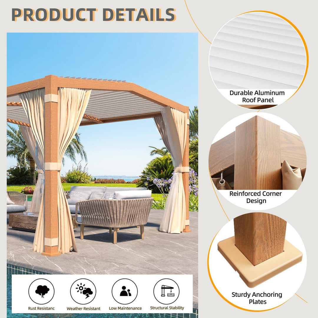 Outdoor Louvered Pergola Gazebo with Adjustable Aluminum Rainproof Roof and Pull-Down Screen