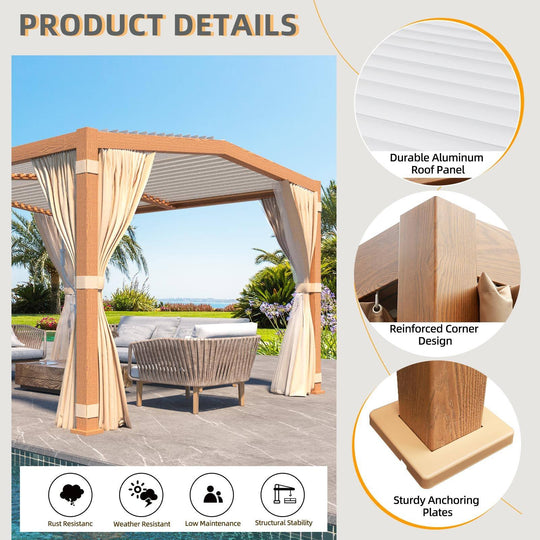 Outdoor Louvered Pergola Gazebo with Adjustable Aluminum Rainproof Roof and Pull-Down Screen