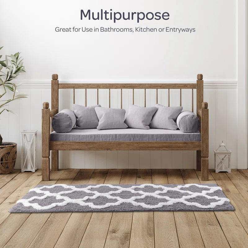 Freida 24X60-Inch Cotton Bathroom Rug with Trellis Pattern and Non-Slip Base - Machine Washable