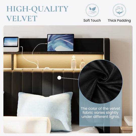 Hydraulic Lift up Storage Upholstered Platform Wingback LED Bed with 2-Tier Shelves and Charging Station