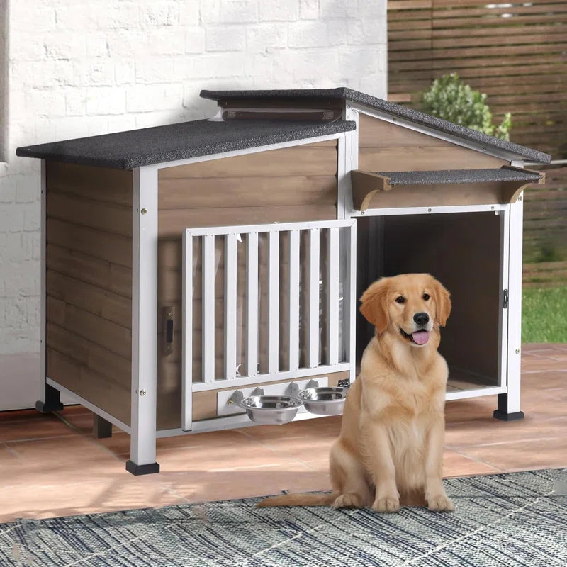 Dog House Outdoor Dog Kennel with Chew-Proof Metal Frame, Rotating Food Bowl, Pvc Door Curtain, Weatherproof for Small Medium Dogs, 39.7" L X 25.5" W X 32.2" H