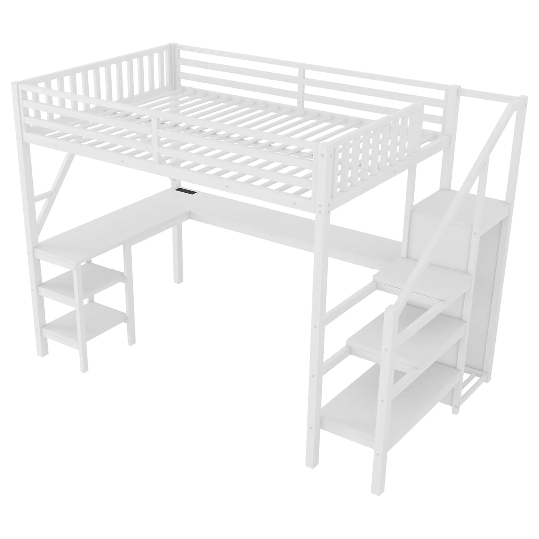 Metal Full Loft Bed with Wardrobe and LED Light, Full Size Loft Bed with L Shaped Desk and USB for Kids Teens Adults