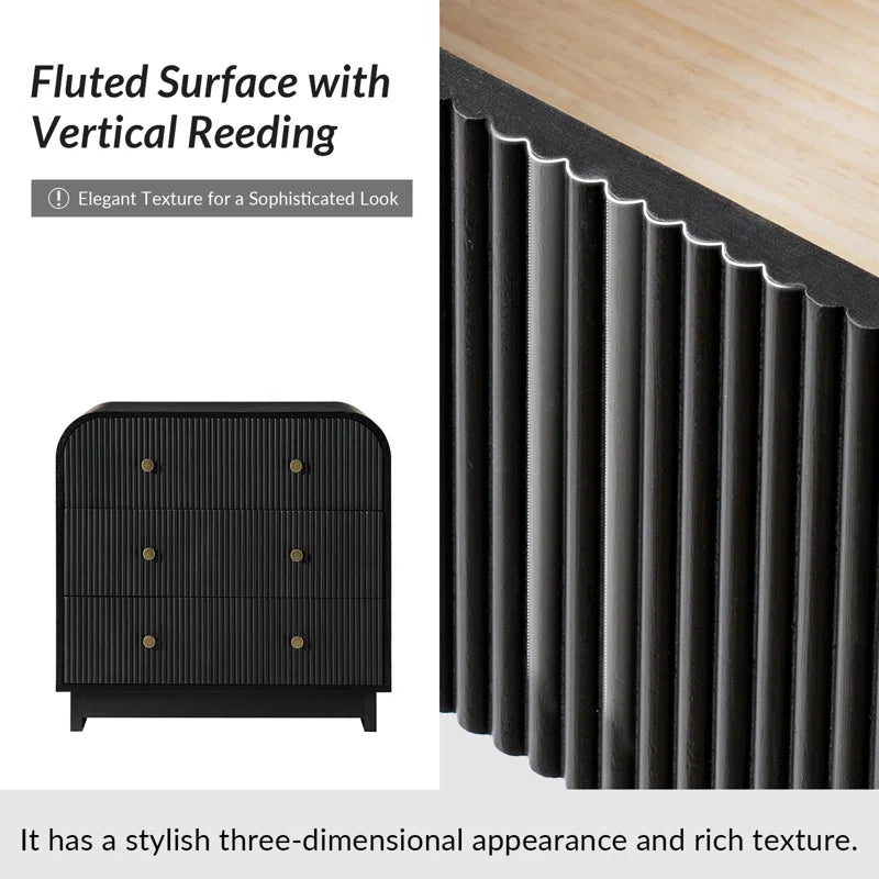 Melisa Modern 28"W 3-Drawer Fluted Curved End Table Simple Assemblly with Charging Station