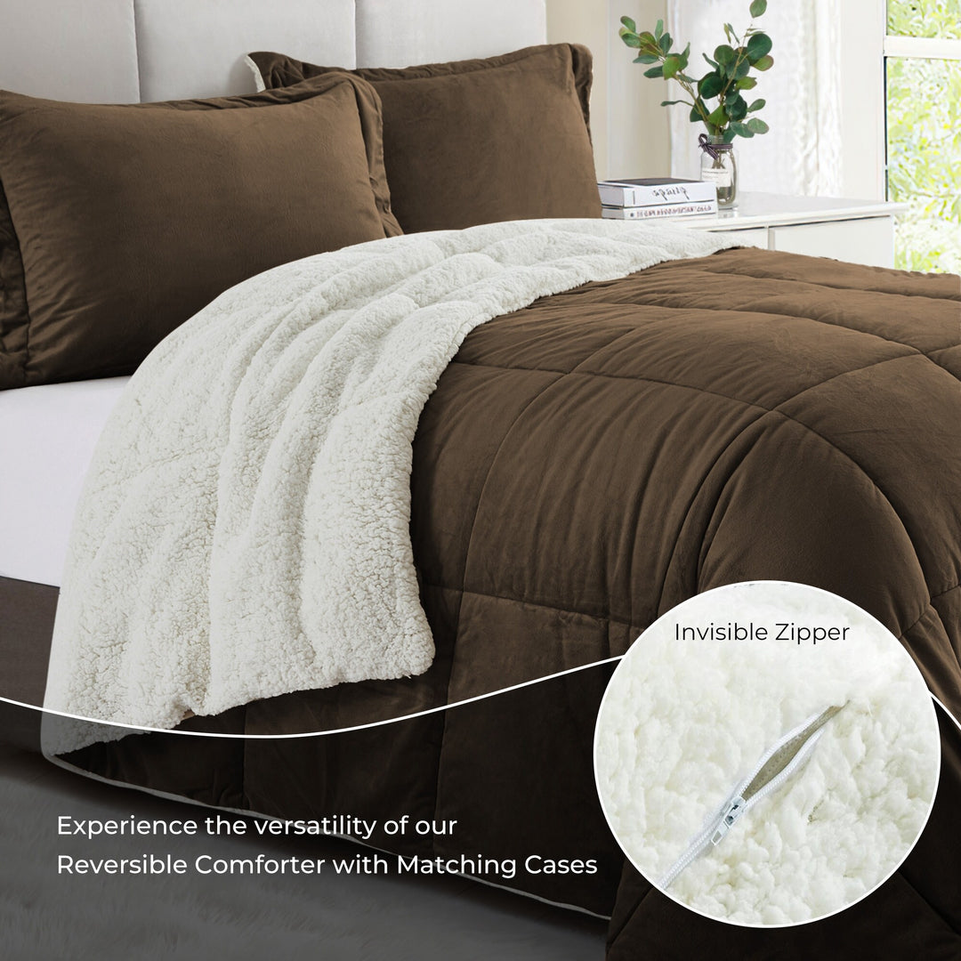 3 Piece Winter Reversible Comforter Set Faux Shearling Ultra Soft Minky Plush and Fuzzy Fleece Microfiber