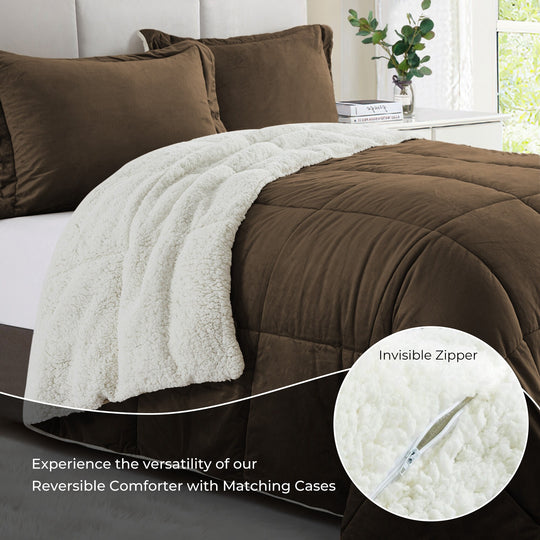 3 Piece Winter Reversible Comforter Set Faux Shearling Ultra Soft Minky Plush and Fuzzy Fleece Microfiber