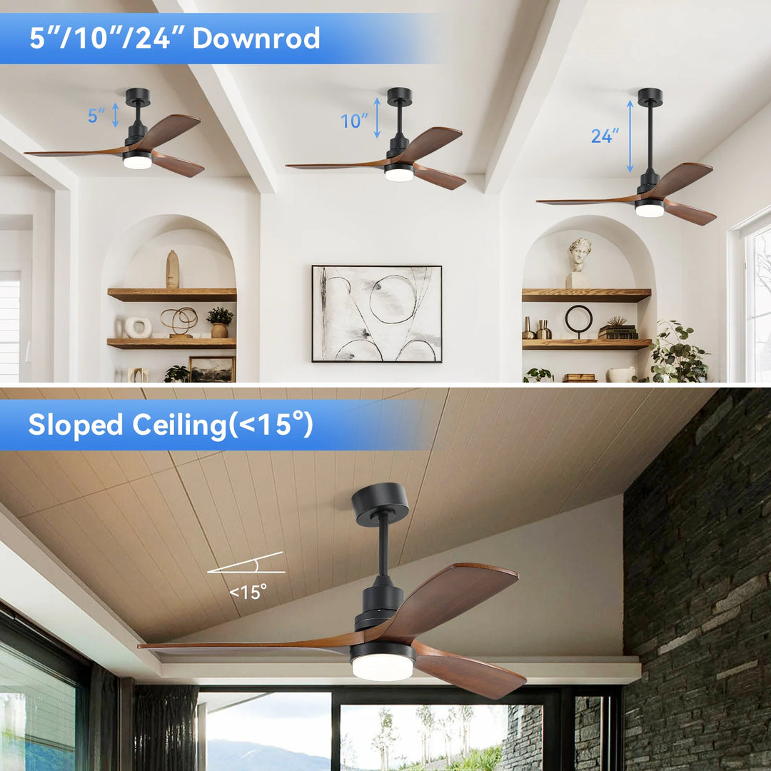 Sofucor 42"/48"/ 52"/60"Noiseless Walnut Wood Ceiling Fan with Remote Control, Integrated Light Optional