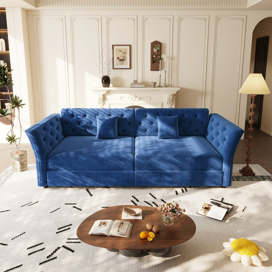 100" Velvet Convertible Sofa Bed with with Fabric Flower Tufted Design