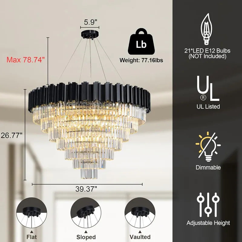 Large Crystal Chandelier - 35.4"Modern 6-Tier 17-Light Chrome Ceiling Light, Luxury K9 Crystal
