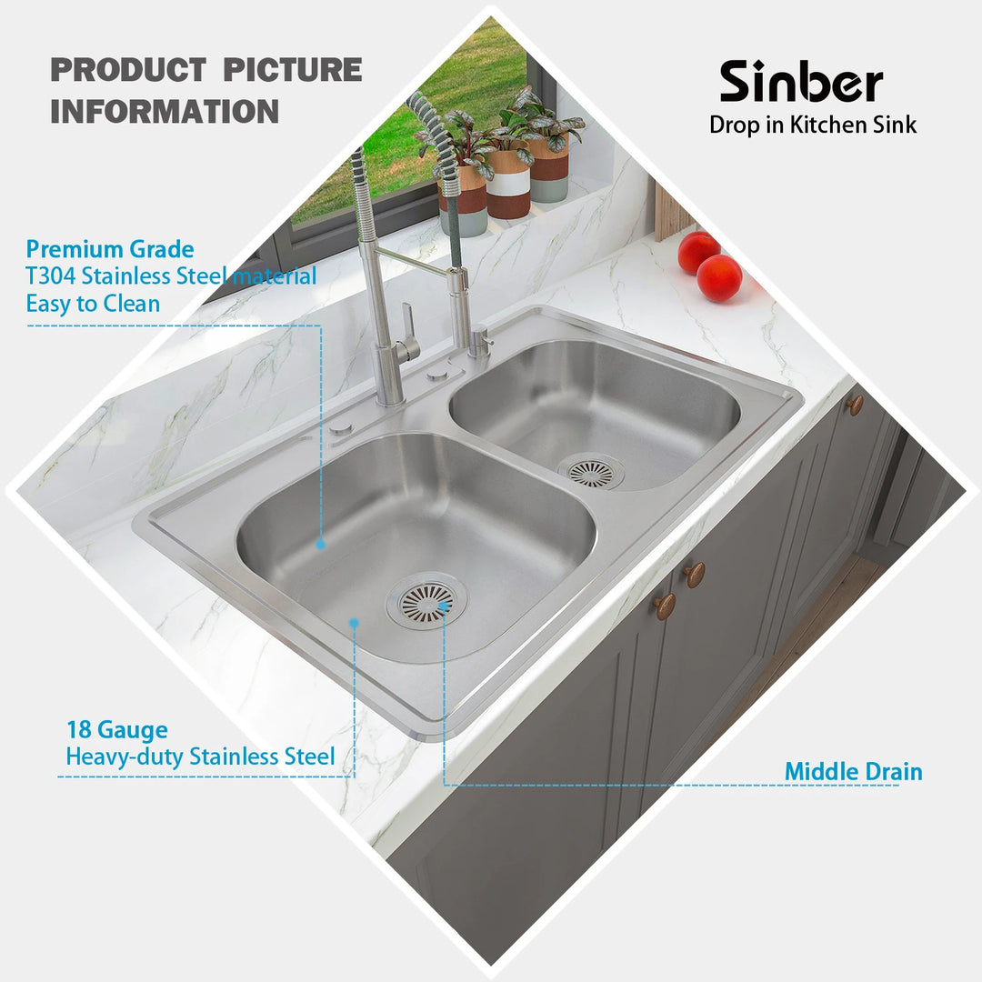 Drop in Double Bowl 304 Stainless Steel Kitchen Sink