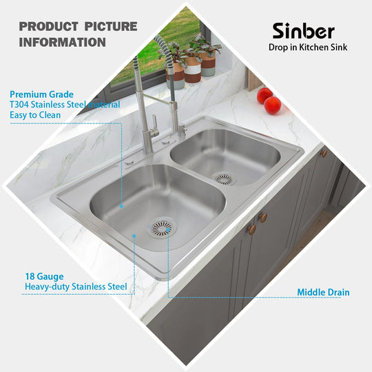 Drop in Double Bowl 304 Stainless Steel Kitchen Sink