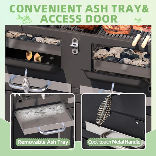 37.8" Dual Zone Charcoal Bbq Grill with Adjustable Charcoal Trays and 2 Foldable Side Table