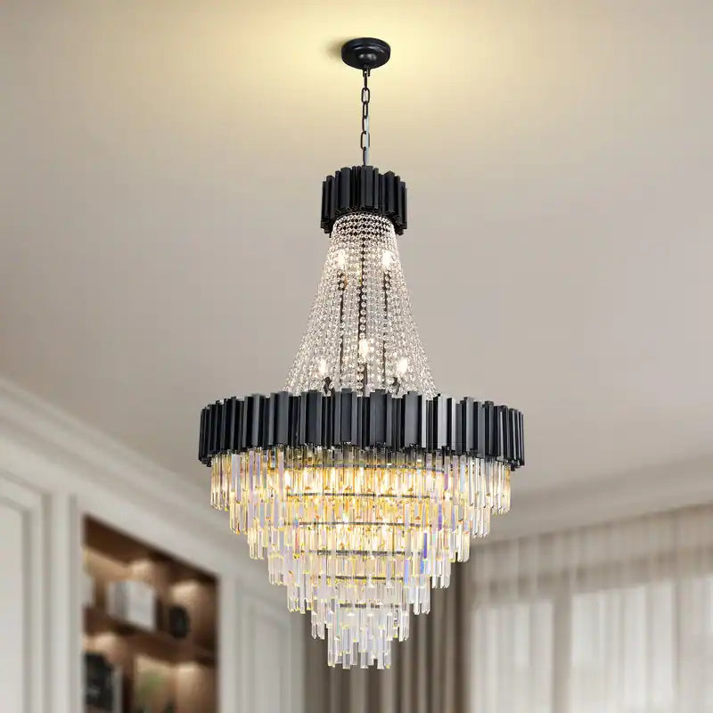 Large Crystal Chandelier - 35.4"Modern 6-Tier 17-Light Chrome Ceiling Light, Luxury K9 Crystal